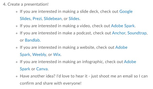 A list of options with links to resources on presentation formats.