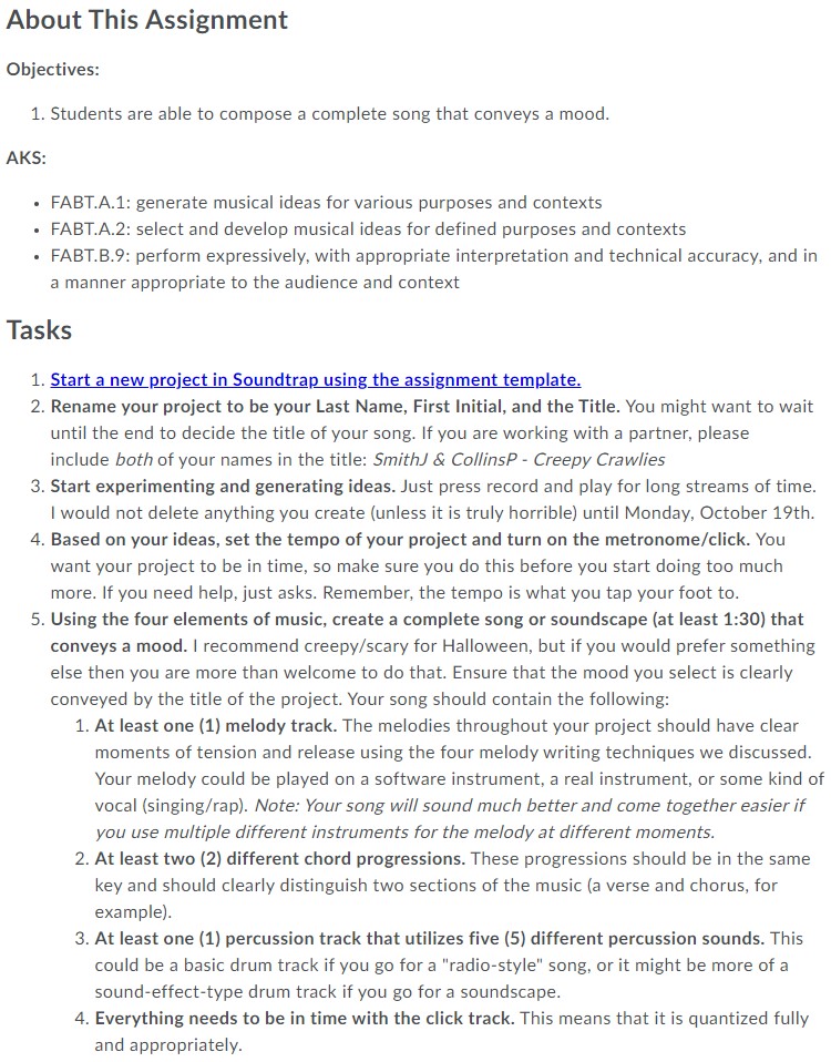 Assignment details for a Halloween/Scary soundscape created during October.