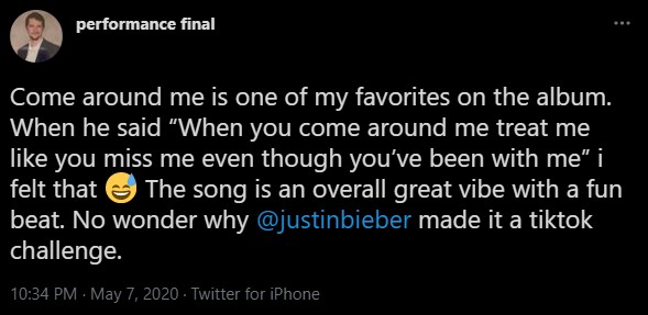 A tweet from a live tweet thread on Justin Beiber.